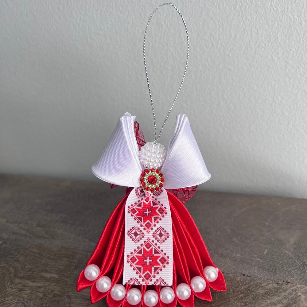 Handmade Ukrainian Red and White Ribbon Angel Christmas Ornament